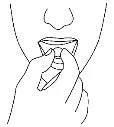Black line drawing of a hand holding a container or medical device near a person's lips for administration