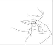 Line drawing of a hand holding a tablet near the open mouth of a person ready to take the medication