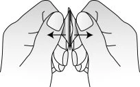 Due mani tengono tra le dita un oggetto a forma di diamante con frecce nere che indicano un movimento orizzontale di apertura e chiusura