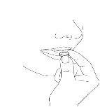 Disegno a linee sottili di una mano che tiene una compressa vicino alle labbra di una persona per l'assunzione