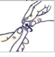 Two hands holding a medicine bottle and rotating a cap or closure device in the direction indicated by a curved arrow