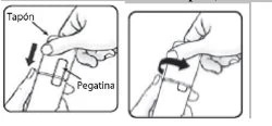 Two illustrations show hands removing a cap and an adhesive strip from a cylindrical container to prepare it for use
