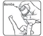 Black and white drawing of hands handling a cylindrical container with the word 'Bomba' indicated by an arrow