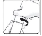 Two hands rotating a white cap or cylindrical device clockwise, as indicated by a black curved arrow