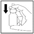 A hand holds a glass vial while a black downward arrow indicates pressure movement on the top of the cap