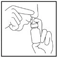 Black line drawing showing two hands handling a small glass vial to extract its contents with a syringe