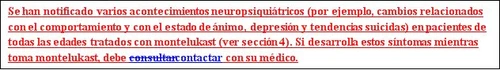 Testo in spagnolo su sfondo bianco che avverte di possibili eventi neuropsichiatrici come depressione o tendenze suicide associati al montelukast