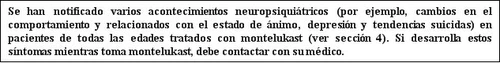 Testo in spagnolo su sfondo bianco che avverte di possibili effetti neuropsichiatrici come cambiamenti d