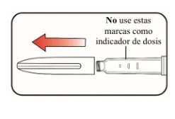 Diagram with a red arrow pointing left and Spanish text warning not to use the markings on the pen to measure the dose
