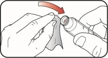Two hands removing a protective cap from an injection pen, with a red arrow indicating downward movement