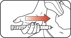Technical drawing showing a hand holding a syringe horizontally while a