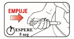 Technical drawing showing a hand pressing a medical device with a red arrow and a timer indicating the