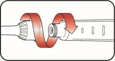 Diagram showing rotational movement indicated by a red arrow to screw the top part of a medical device onto a cylindrical body