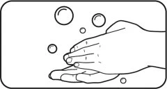 Disegno in bianco e nero di due mani che si lavano tra diverse bolle di sapone fluttuanti su sfondo chiaro