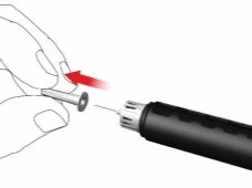 Una mano tiene un dispositivo medico mentre una freccia rossa indica la direzione di movimento
