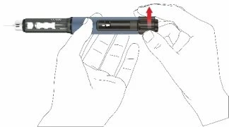 Due mani tengono una penna iniettore blu e grigia mentre una freccia rossa indica il movimento di rimozione del tappo superiore