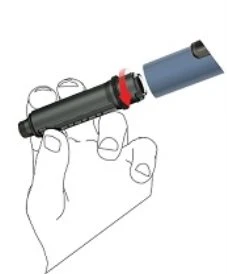 Una mano impugna un dispositivo medico cilindrico nero mentre una freccia rossa indica il movimento di rotazione della parte superiore blu