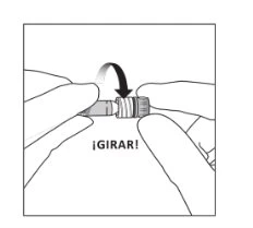 Two hands hold a medical vial and a black curved arrow indicates the rotation movement with the text ¡TURN!