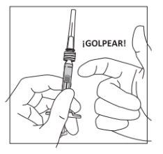 Black and white drawing of two hands showing how to tap the syringe with a finger to move the liquid down into the barrel