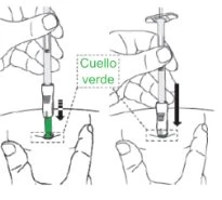 Two illustrations show hands holding an auto-injector pen applying it to the skin with a black arrow indicating downward movement
