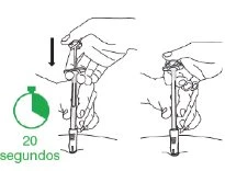 Technical drawing showing two hands holding a syringe for a