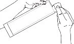 Schematic drawing showing a hand holding a tilted rectangular container above a