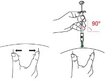 Disegno tecnico che mostra una mano che impugna una siringa per un'iniezione