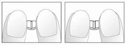 Due disegni schematici identici mostrano due dita che tengono saldamente un piccolo oggetto rettangolare tra le punte delle dita
