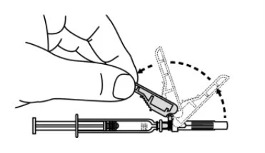 A hand rotating a connecting device over a horizontal syringe, following a curved trajectory indicated by dashed arrows