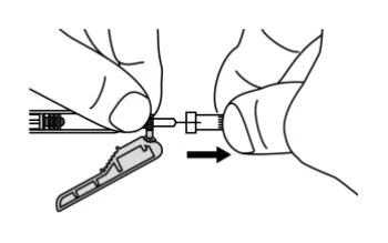 Two hands connecting a medical device to a vial via a connector, with a black arrow indicating the insertion movement