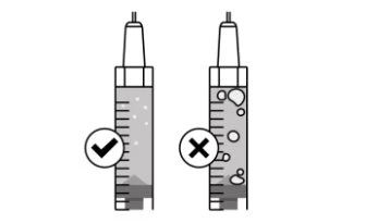Two drawings of syringes illustrating the correct absence of air bubbles