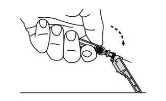 A hand holding a downward-angled injection pen with a dashed arrow indicating the pressing motion toward the skin