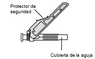 Technical diagram of a syringe with an extended safety shield and cap covering the