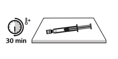 Clock icon with a circular arrow and thermometer symbol next to the text '30 min', and a syringe placed on a flat surface
