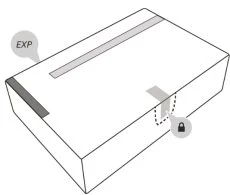 Technical drawing of a rectangular box indicating the expiration date EXP and a lock symbol for packaging security