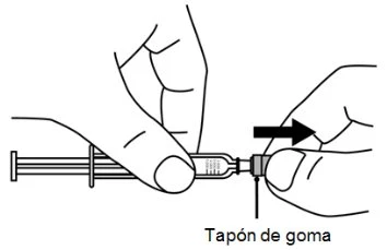 Black and white drawing showing two hands holding a syringe and a rubber stopper, with a black arrow indicating movement to the right