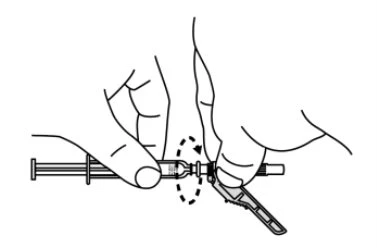 Line drawing of two hands holding a syringe and applying a cap or connecting device through a rotational movement indicated by an arrow