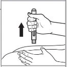 A hand holding a medical device vertically above the skin of a thigh, with a black arrow indicating downward movement