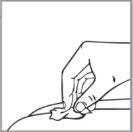 Black line drawing of a hand holding a cotton swab to clean an area of skin prior to an injection