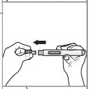 Two hands preparing a pen-type medical device, one hand holding the body of the pen and the other