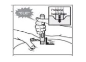 A hand holding a medical device against the skin at a 90-degree angle, with an arrow indicating to press down until a click is heard