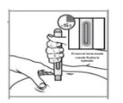 Technical drawing showing a hand holding a medical device against the skin, with an enlarged detail indicating a 45-degree angle