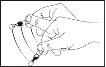 Technical drawing showing two hands holding and manipulating a medical device with small circular components and thin connecting lines