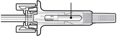 Diagramma tecnico di una penna iniettore medica con indicatore di dose, etichetta con lotto e scritte, e impugnatura testurizzata sul lato destro