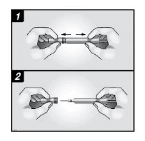 Two diagrams show two hands separating the components of a medical device through a horizontal pulling motion
