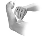 A hand applies an adhesive patch or dressing to the upper arm of a person in a black-and-white medical illustration