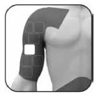 Medical diagram showing an adhesive patch applied to the upper arm of a male human torso with a central white square section