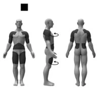 Tre figure umane stilizzate mostrano un corpo maschile di fronte, di profilo e da dietro, con aree scure che indicano le zone di applicazione del farmaco