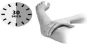 Diagramma medico con un orologio che indica 30 secondi e un braccio piegato con una mano che massaggia la zona del gomito