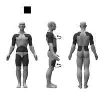 Three stylized human figures show a male body from front, side, and back views, with dark areas highlighted on shoulders, arms, torso, and thighs